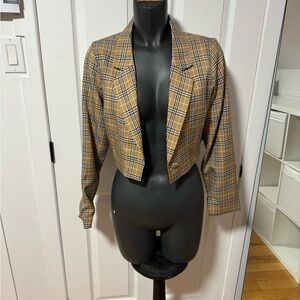 Cropped Plaid Blazer Jacket - Camel Plaid